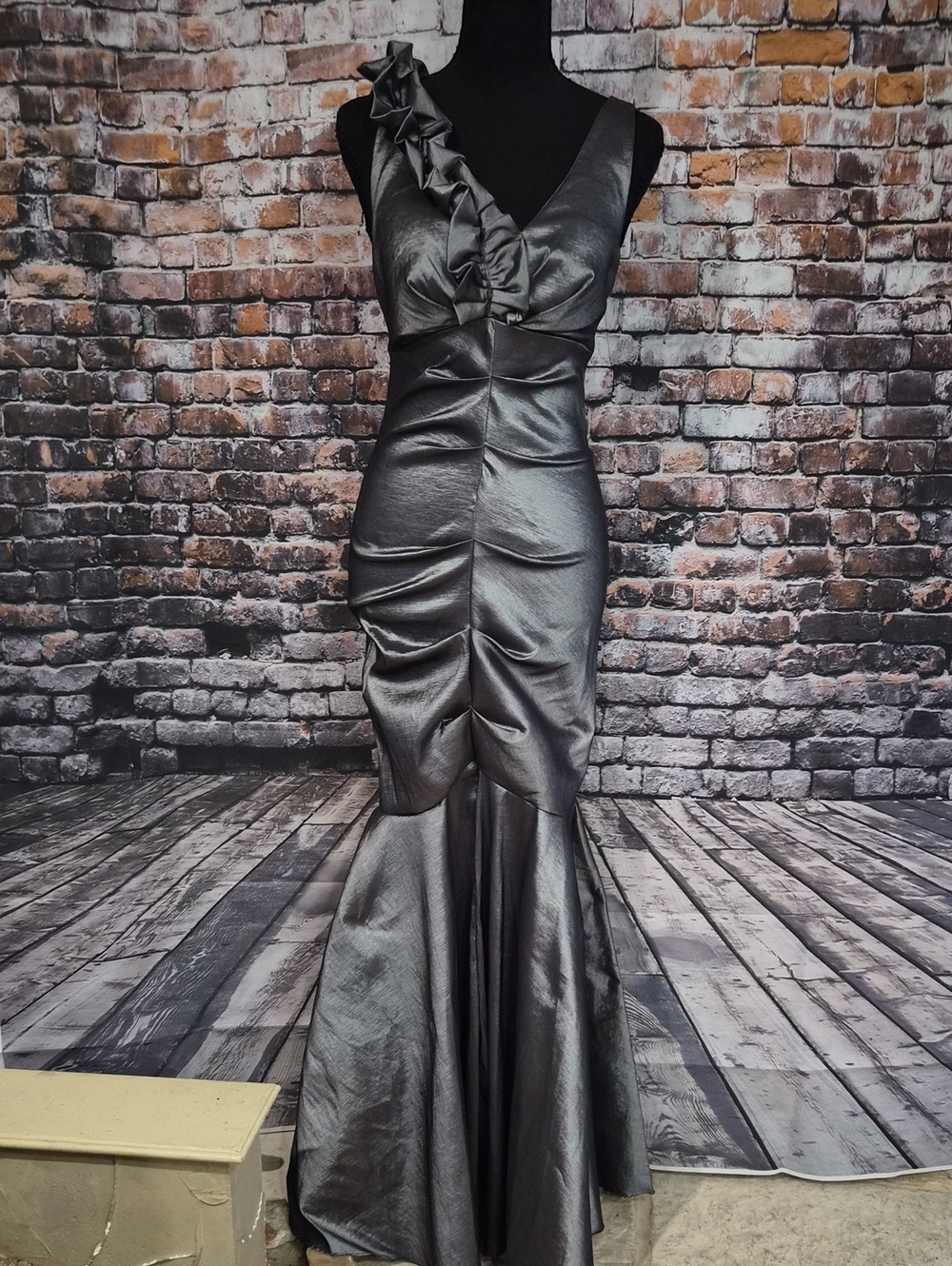 Aspeed Metallic Gunmetal Ruffled Mermaid Maxi Dress